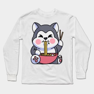 Anime Kawaii Ramen Eating Husky Japanese Noodles Long Sleeve T-Shirt